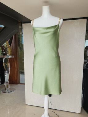 Alice + Olivia Light Green Satin Slip Dress with Gold Chain Straps